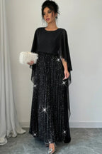 Elegant Sequin Satin Knit Pleated Long Dress | Mixtshop LLC