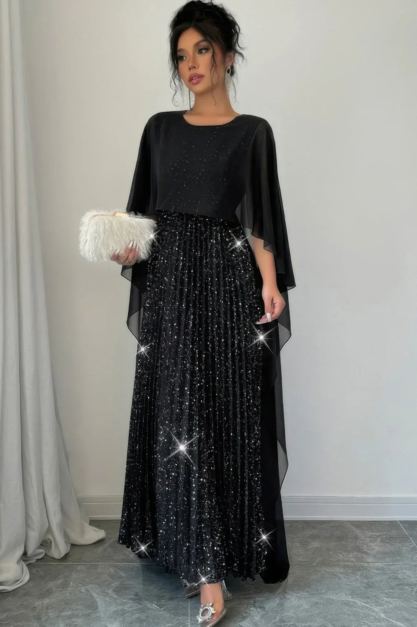 Elegant Sequin Satin Knit Pleated Long Dress | Mixtshop LLC