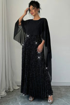 Elegant Sequin Satin Knit Pleated Long Dress | Mixtshop LLC