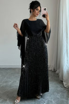 Elegant Sequin Satin Knit Pleated Long Dress | Mixtshop LLC