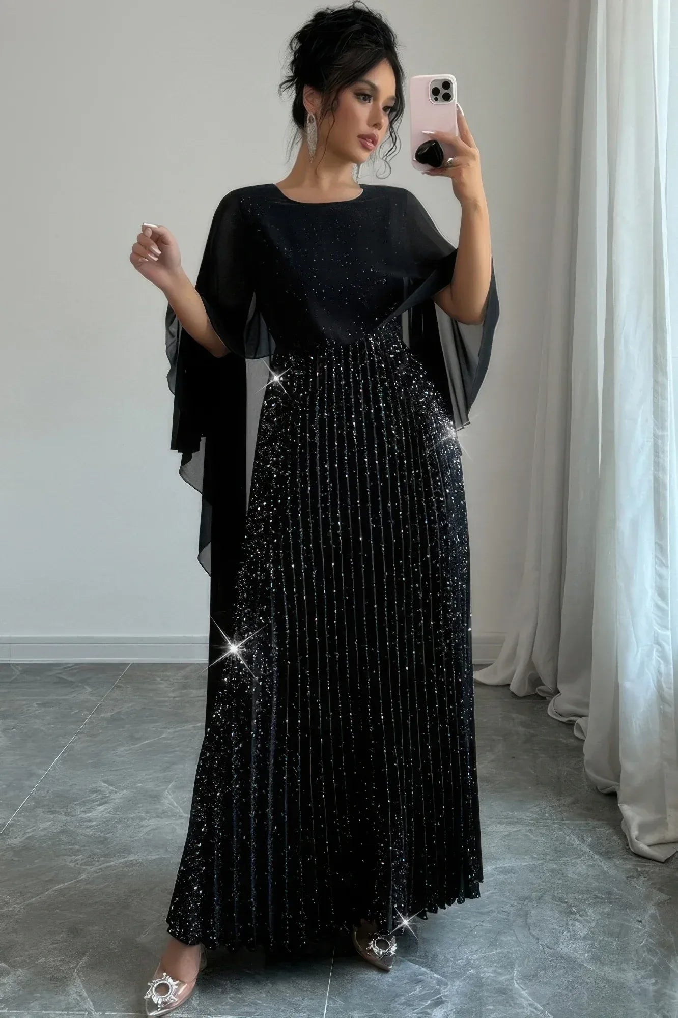 Elegant Sequin Satin Knit Pleated Long Dress | Mixtshop LLC