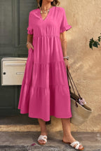 Solid V Neck A Line Ruffle Hem Pleated Dress | Mixtshop LLC