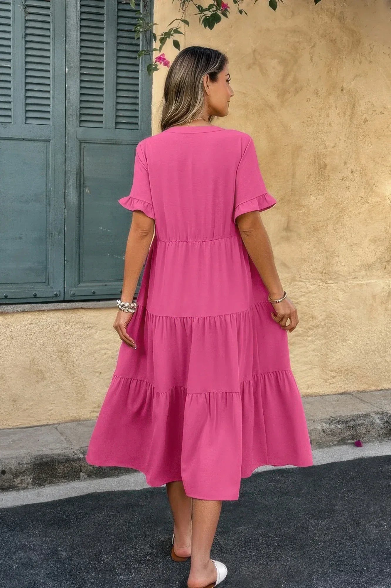 Solid V Neck A Line Ruffle Hem Pleated Dress | Mixtshop LLC