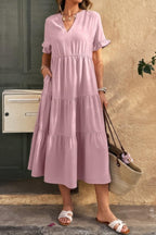Solid V Neck A Line Ruffle Hem Pleated Dress | Mixtshop LLC