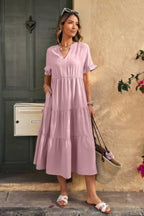 Solid V Neck A Line Ruffle Hem Pleated Dress | Mixtshop LLC