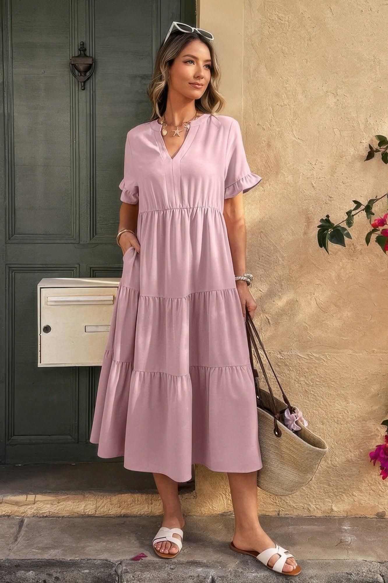 Solid V Neck A Line Ruffle Hem Pleated Dress | Mixtshop LLC