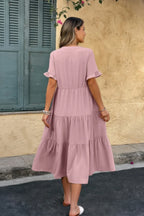 Solid V Neck A Line Ruffle Hem Pleated Dress | Mixtshop LLC