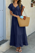 Cross V Neck Knot Pockets Ruffle Hem Dress | Mixtshop LLC