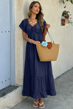 Cross V Neck Knot Pockets Ruffle Hem Dress | Mixtshop LLC
