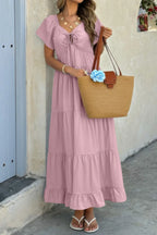 Cross V Neck Knot Pockets Ruffle Hem Dress | Mixtshop LLC