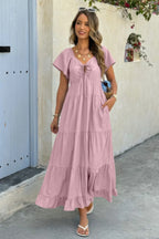 Cross V Neck Knot Pockets Ruffle Hem Dress | Mixtshop LLC