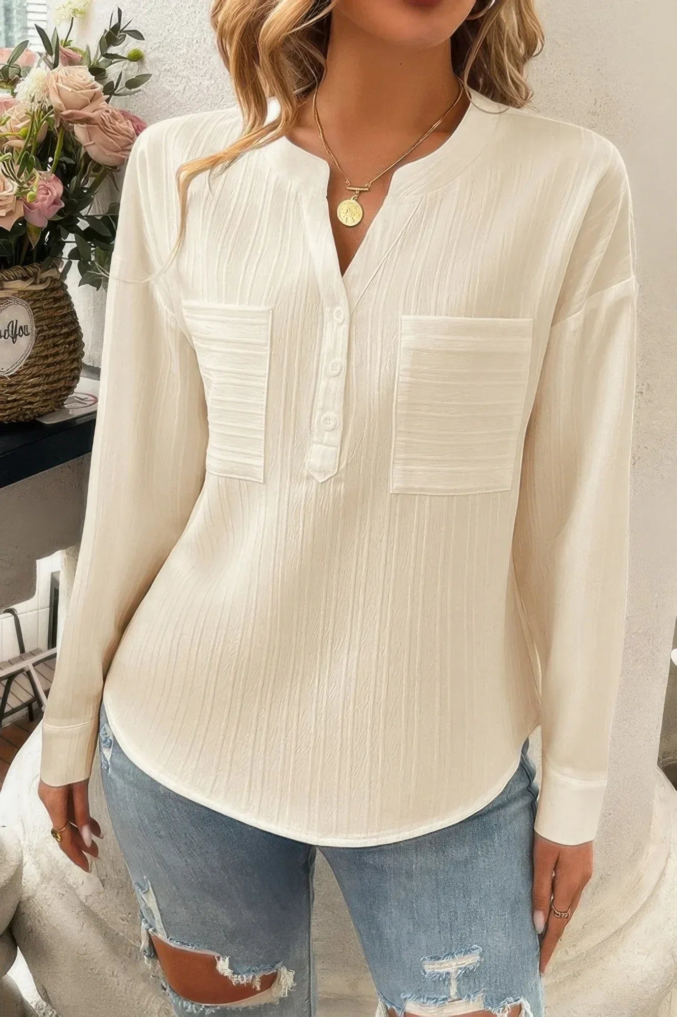 Solid Buttons V Neck Elegant Front Pockets Blouse Secondary image