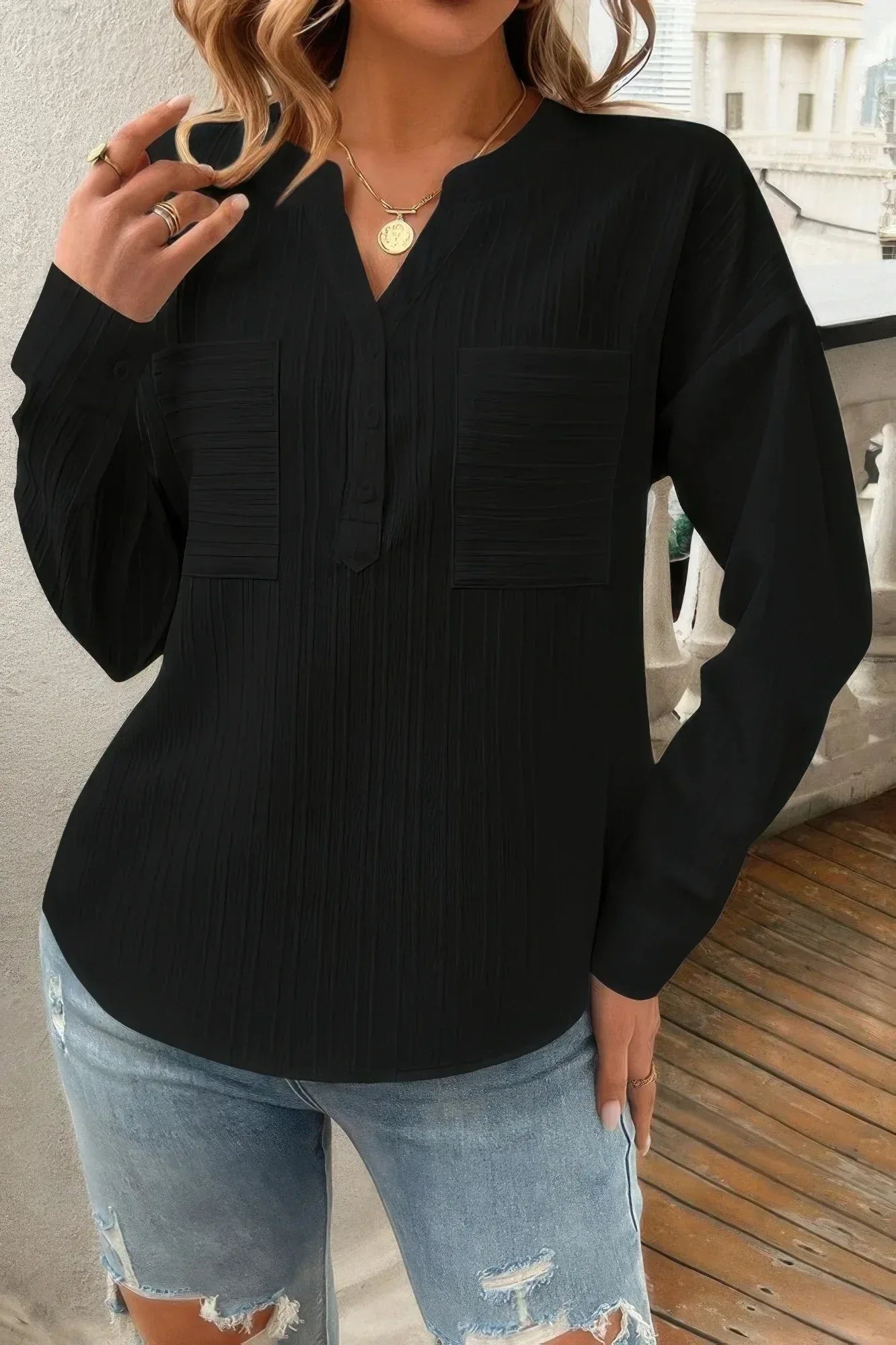 Solid Buttons V Neck Elegant Front Pockets Blouse | Mixtshop LLC