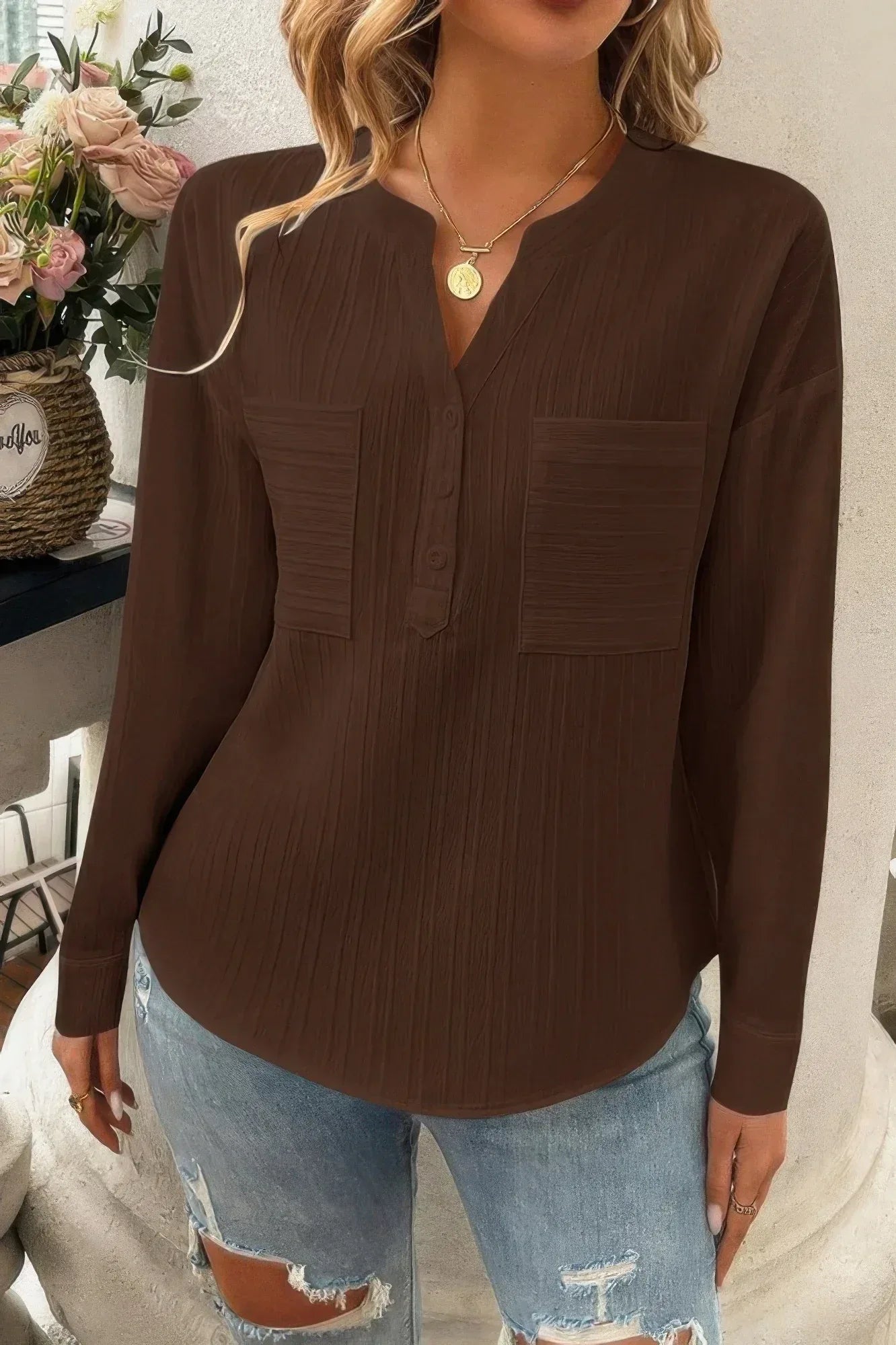 Solid Buttons V Neck Elegant Front Pockets Blouse | Mixtshop LLC
