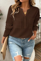 Solid Buttons V Neck Elegant Front Pockets Blouse | Mixtshop LLC