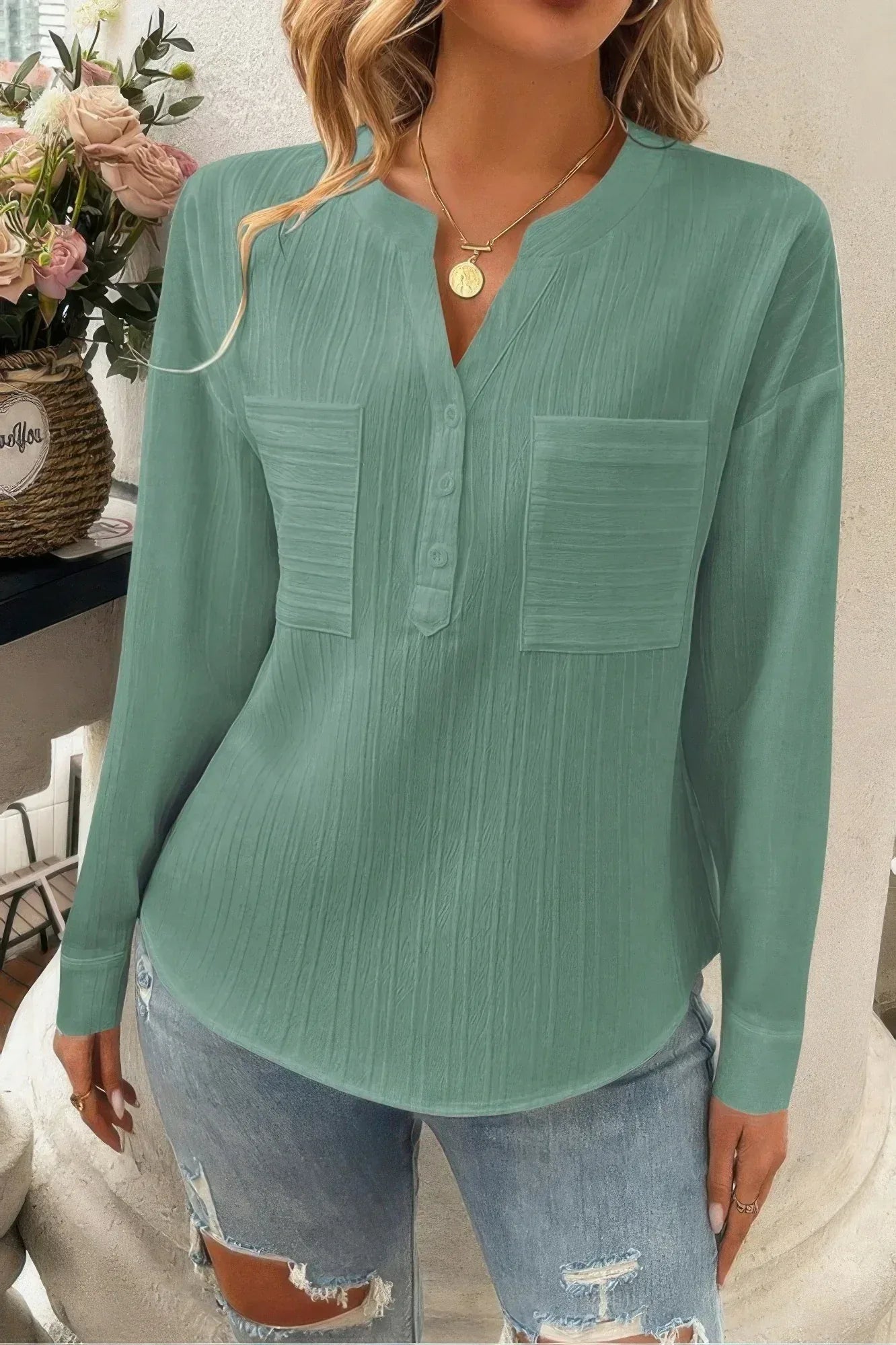 Solid Buttons V Neck Elegant Front Pockets Blouse | Mixtshop LLC