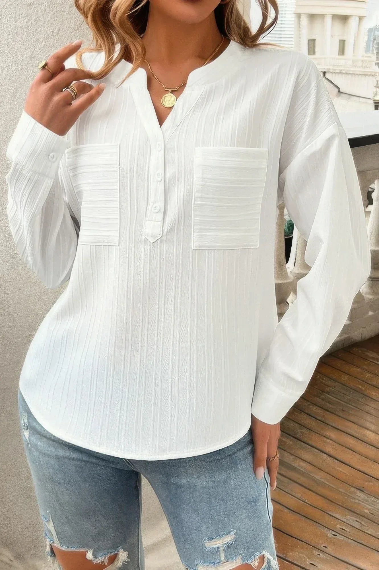Solid Buttons V Neck Elegant Front Pockets Blouse | Mixtshop LLC