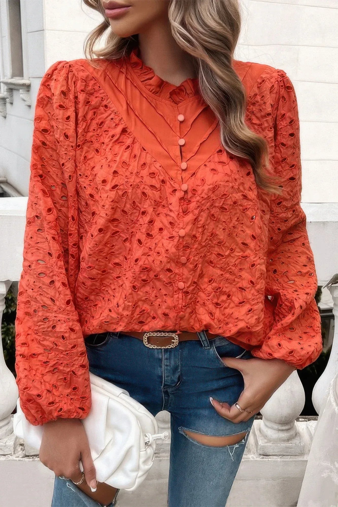 Embroidered Lace Button Down Hollow Out Shirt | Mixtshop LLC Main image