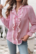 Striped Lace Mock Neck Ruffle Trim Blouse | Mixtshop LLC