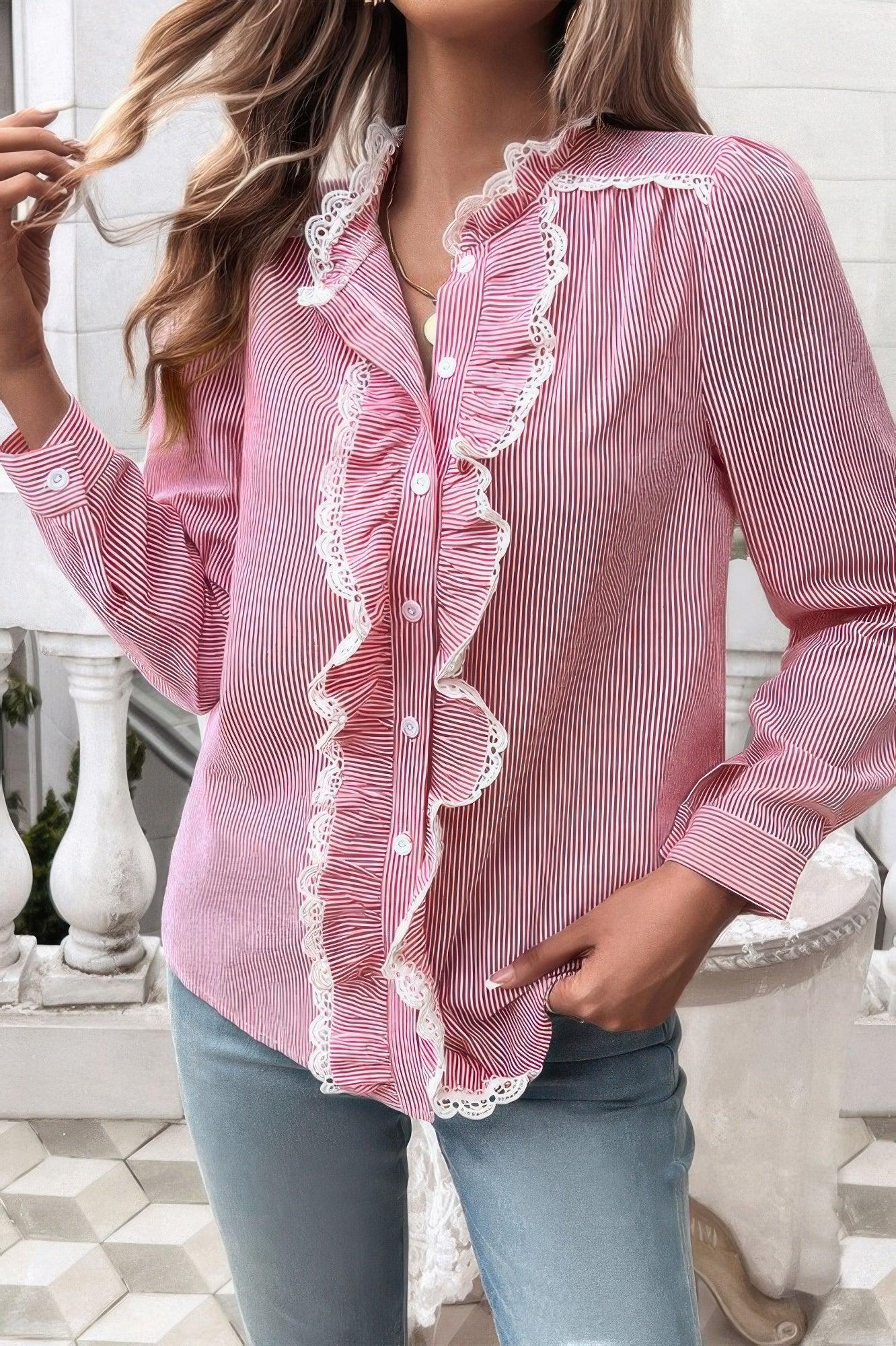 Striped Lace Mock Neck Ruffle Trim Blouse | Mixtshop LLC