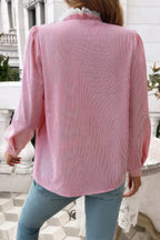 Striped Lace Mock Neck Ruffle Trim Blouse | Mixtshop LLC