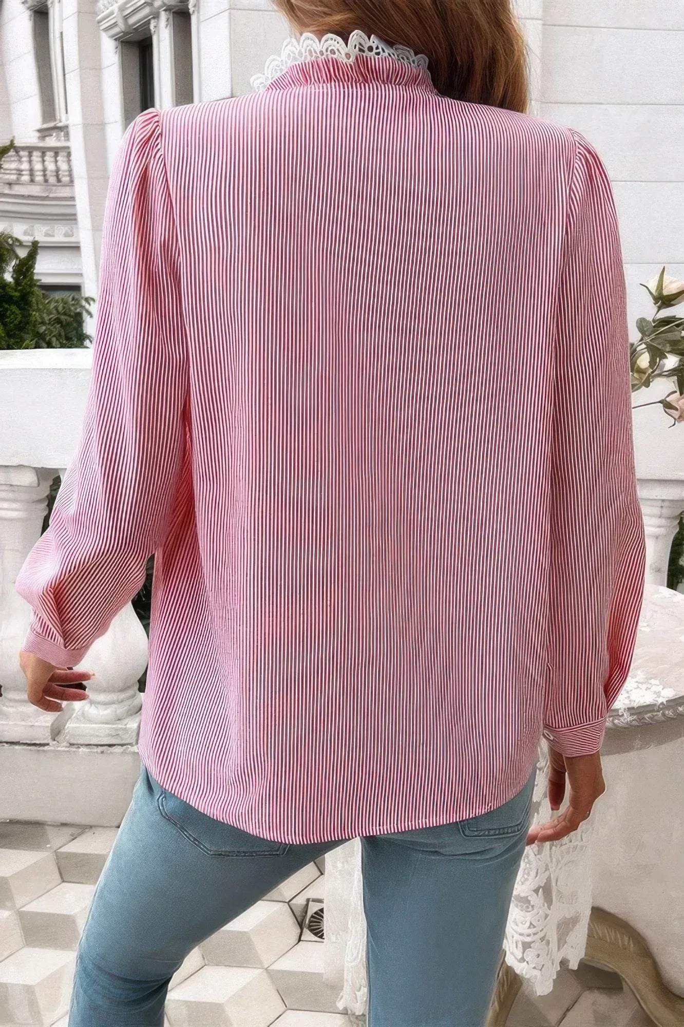 Striped Lace Mock Neck Ruffle Trim Blouse | Mixtshop LLC