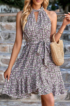 Halter Neck Sleeveless Floral Print Ruffle Dress | Mixtshop LLC