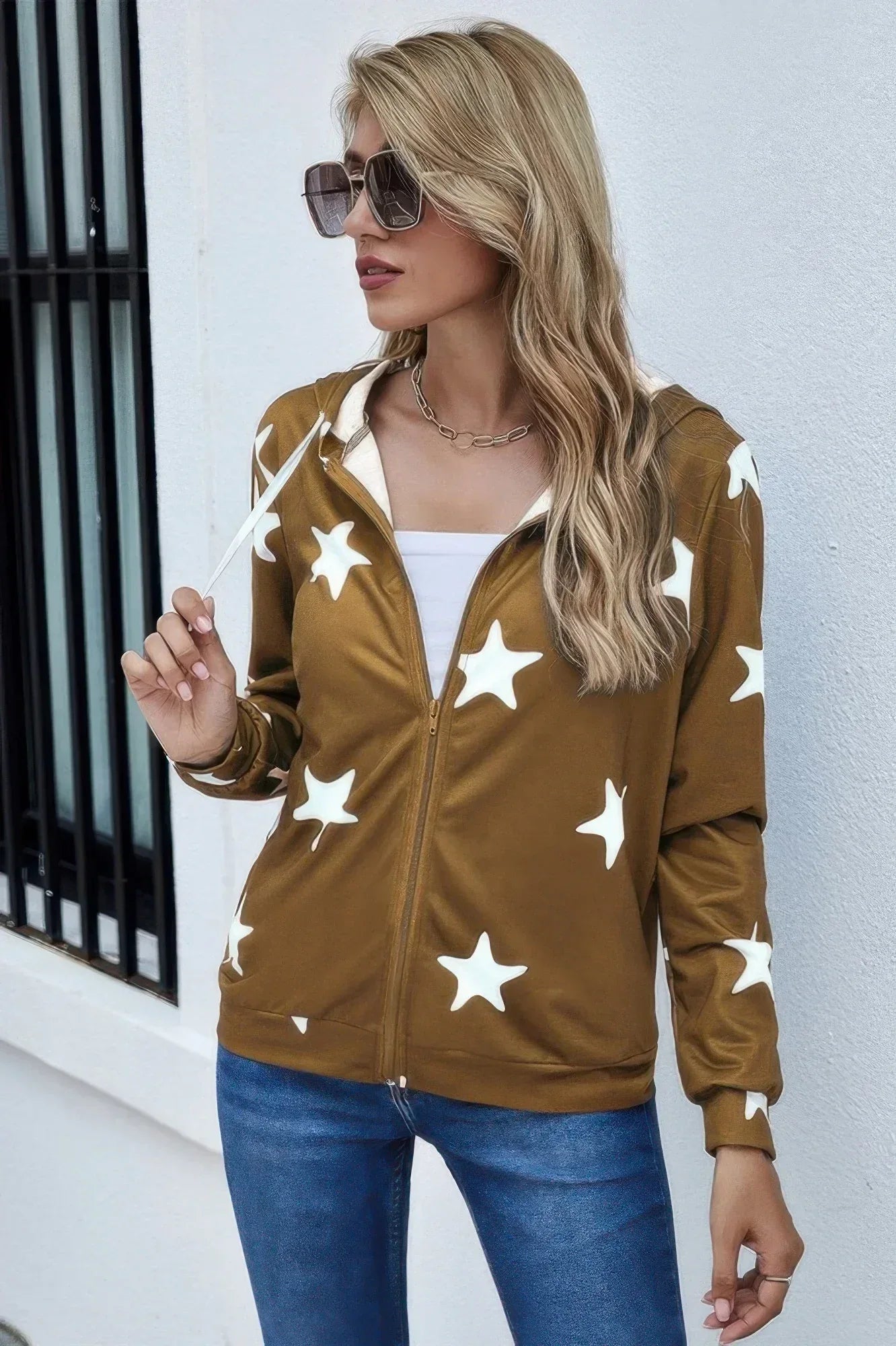 Stars Print Zip Up Long Sleeve Drawstring Hoodie | Mixtshop LLC Main image