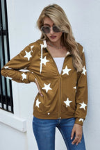 Stars Print Zip Up Long Sleeve Drawstring Hoodie | Mixtshop LLC