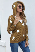 Stars Print Zip Up Long Sleeve Drawstring Hoodie | Mixtshop LLC
