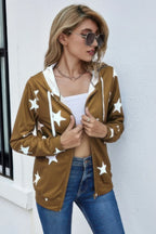 Stars Print Zip Up Long Sleeve Drawstring Hoodie | Mixtshop LLC