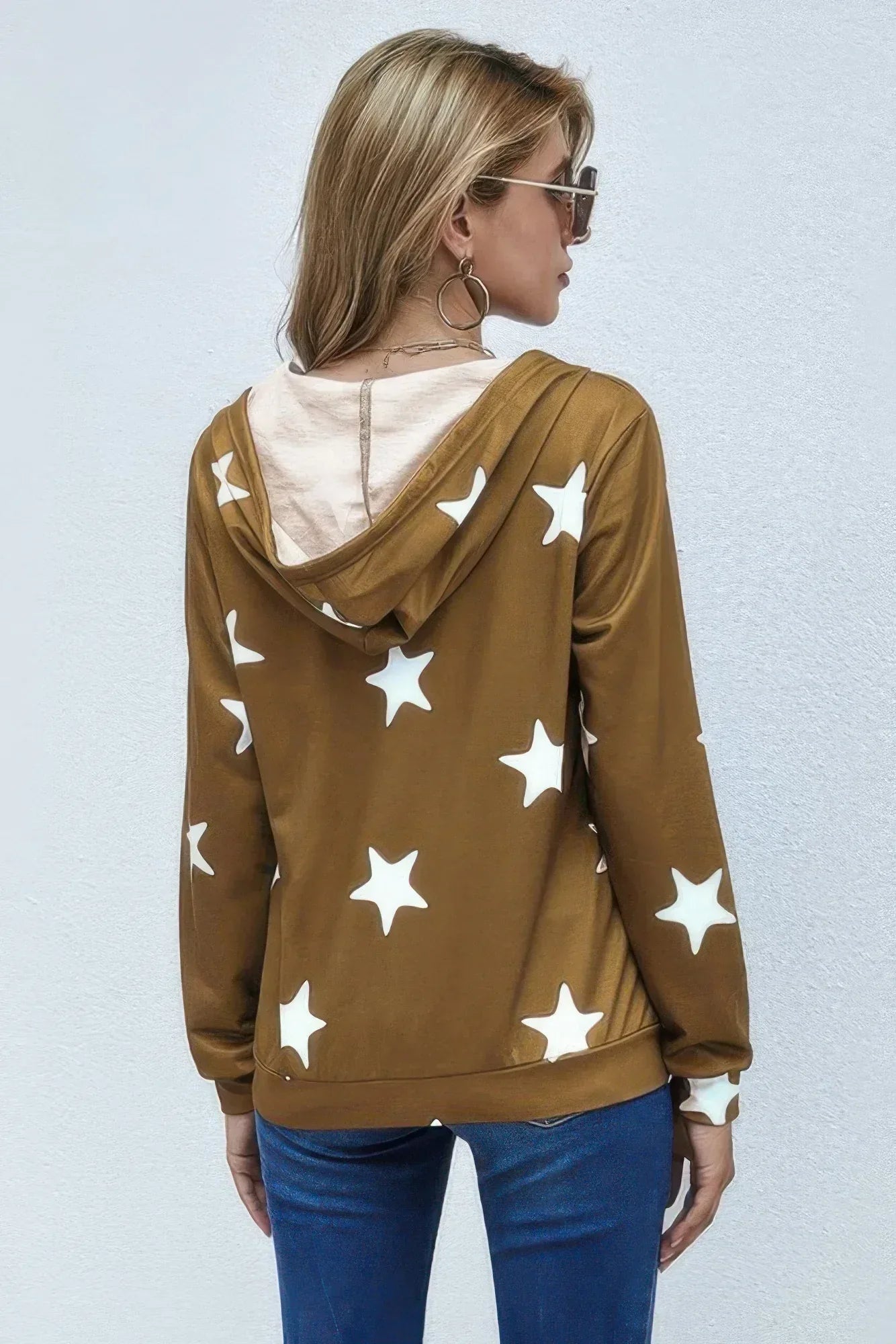 Stars Print Zip Up Long Sleeve Drawstring Hoodie | Mixtshop LLC