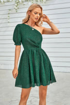 One Shoulder Polka Dot Puff Sleeve Ruffle Dress | Mixtshop LLC