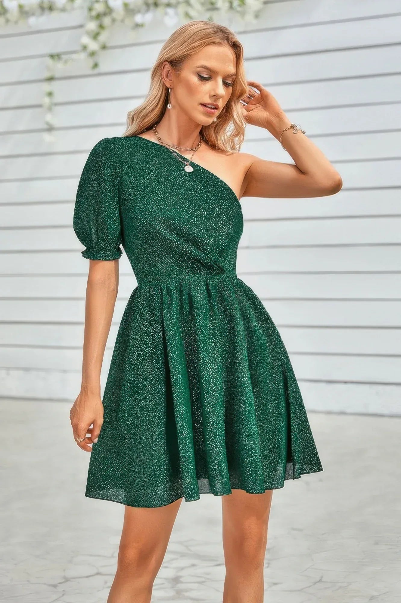 One Shoulder Polka Dot Puff Sleeve Ruffle Dress | Mixtshop LLC