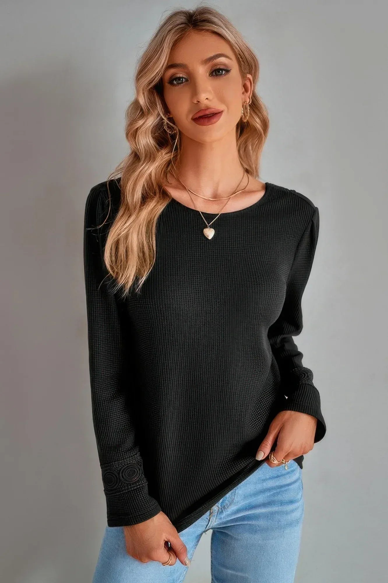 Knit Solid Double Wearing Lace V Neck Loose Top Secondary image