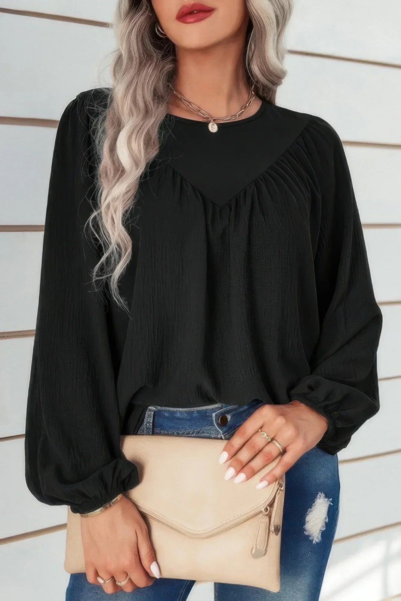 Crew Neck Solid Long Lantern Sleeve Shirt | Mixtshop LLC