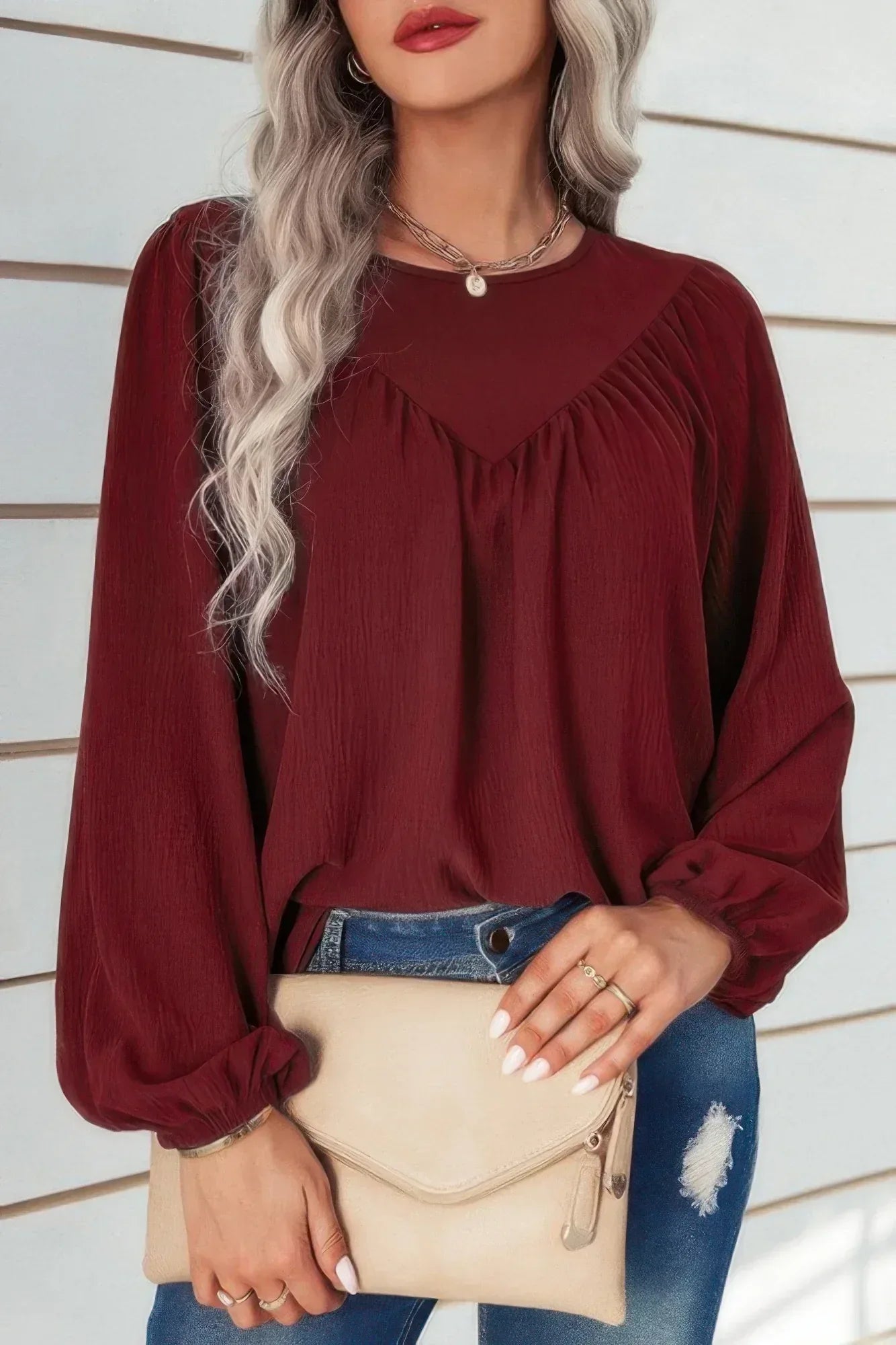 Crew Neck Solid Long Lantern Sleeve Shirt | Mixtshop LLC