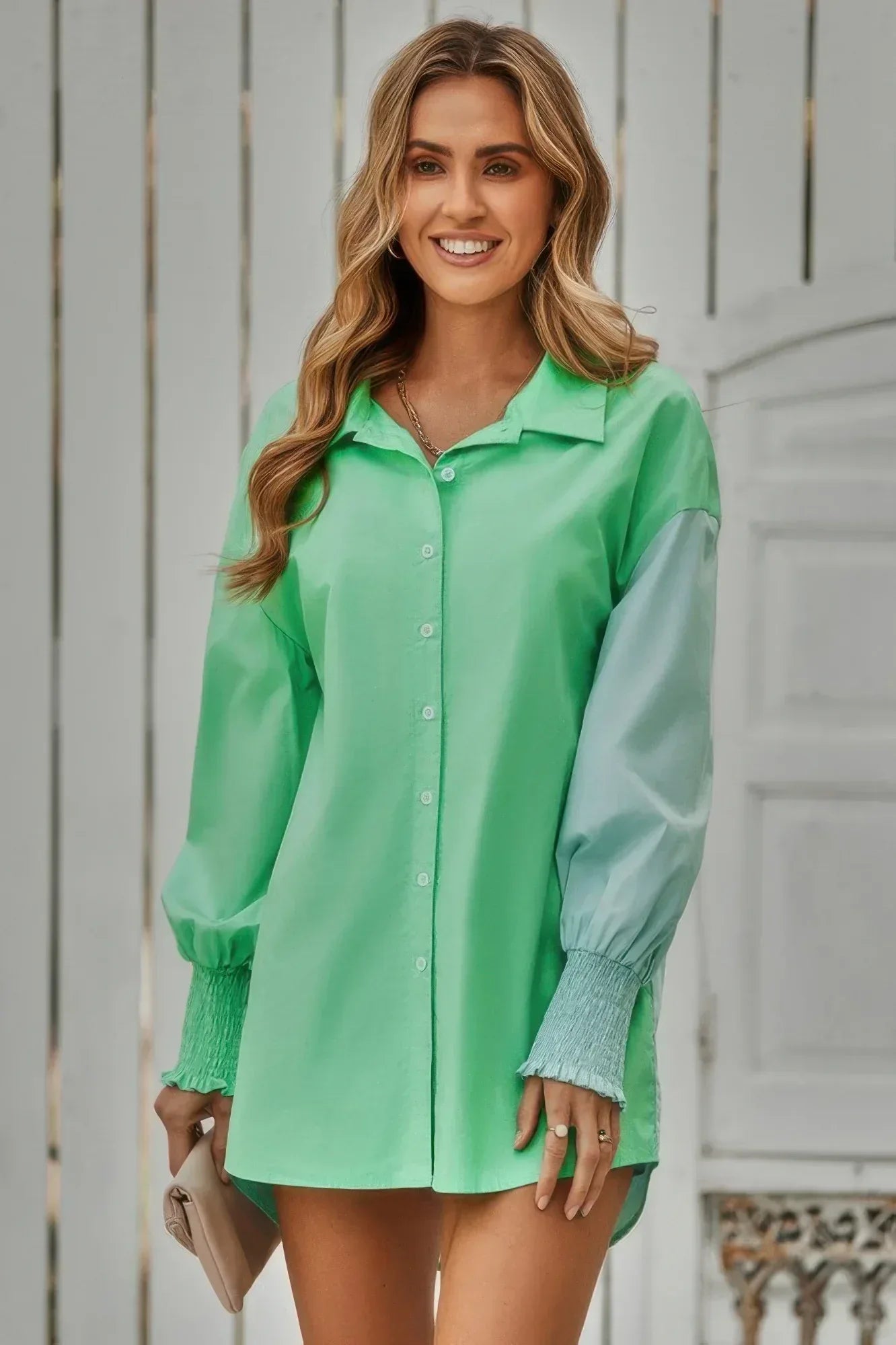 Color Block Button Down Cuffed Sleeves Blouse | Mixtshop LLC