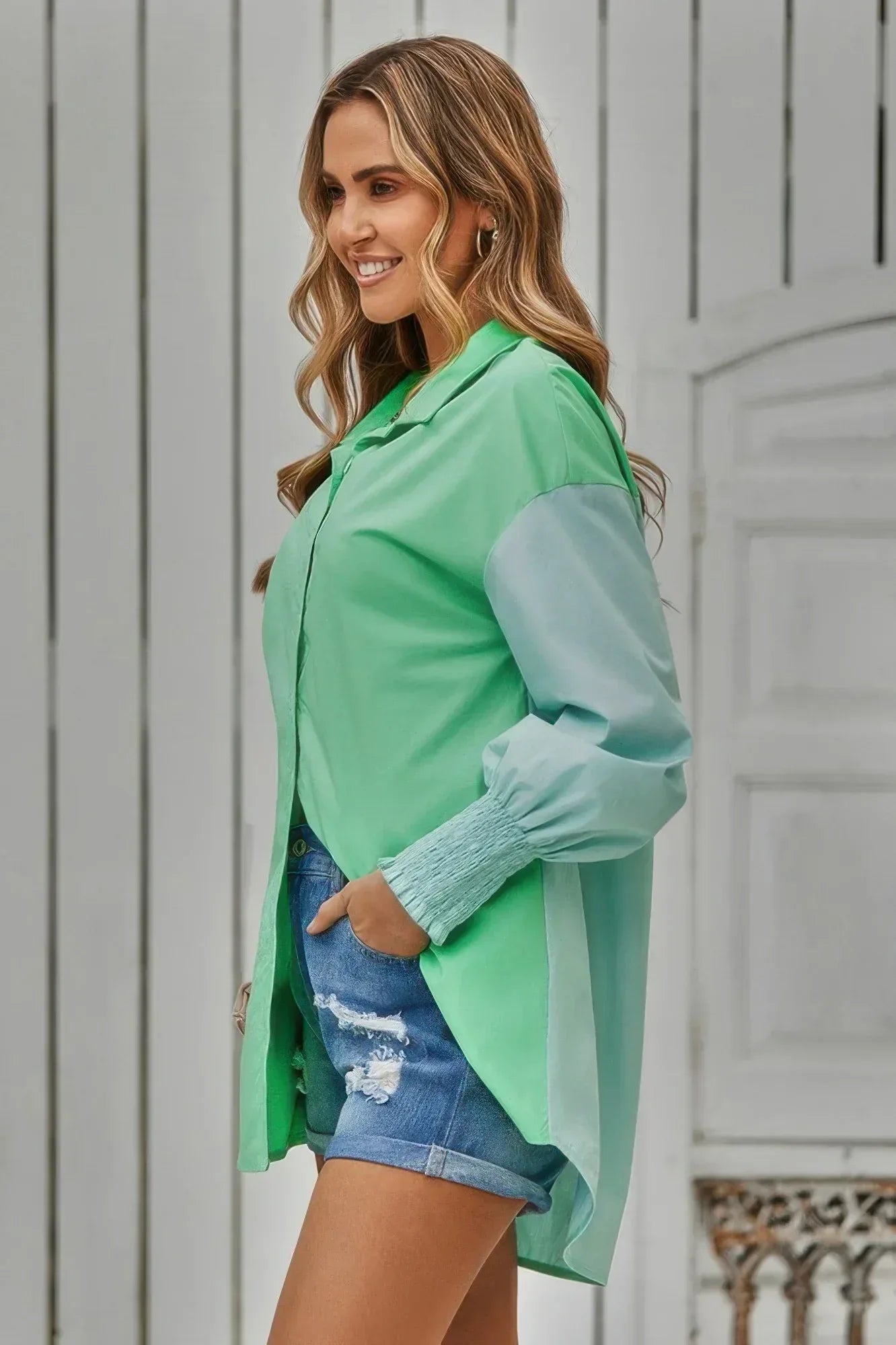 Color Block Button Down Cuffed Sleeves Blouse | Mixtshop LLC
