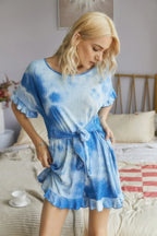 Tie Dye Ribbed Ruffle Tie Waist Pleated Romper | Mixtshop LLC