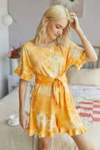 Tie Dye Ribbed Ruffle Tie Waist Pleated Romper | Mixtshop LLC