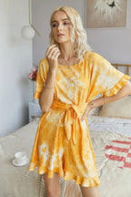 Tie Dye Ribbed Ruffle Tie Waist Pleated Romper | Mixtshop LLC