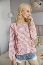 Crew Neck Ruffles Long Sleeves Knitted Striped Shirt | Mixtshop LLC