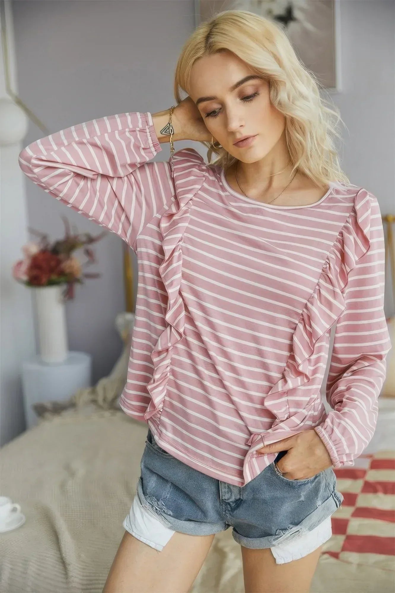 Crew Neck Ruffles Long Sleeves Knitted Striped Shirt | Mixtshop LLC