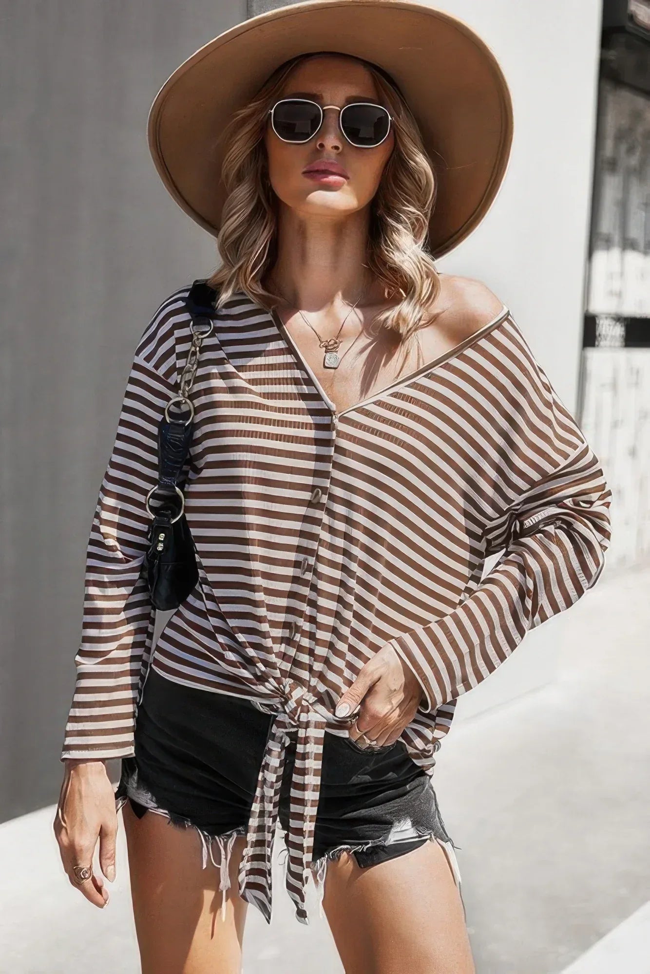 V Neck Short Sleeve Striped Tunic Shirt | Mixtshop LLC Main image