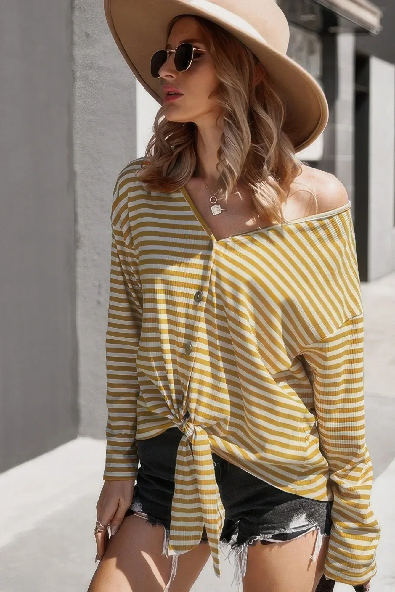 V Neck Short Sleeve Striped Tunic Shirt | Mixtshop LLC