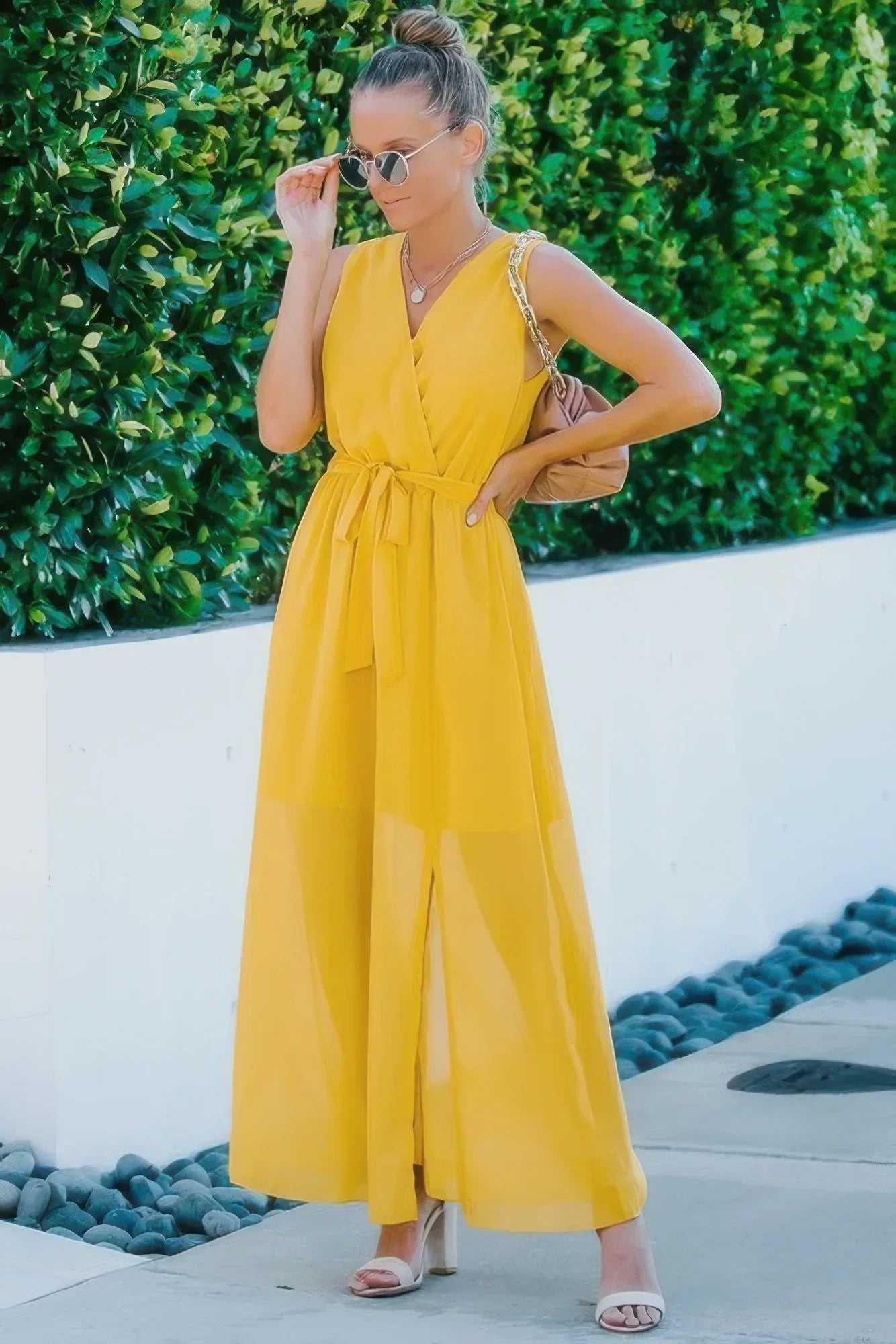 Solid Cross V Neck Sleeveless Tie Waist Split Dress | Mixtshop LLC Main image