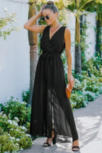 Solid Cross V Neck Sleeveless Tie Waist Split Dress | Mixtshop LLC