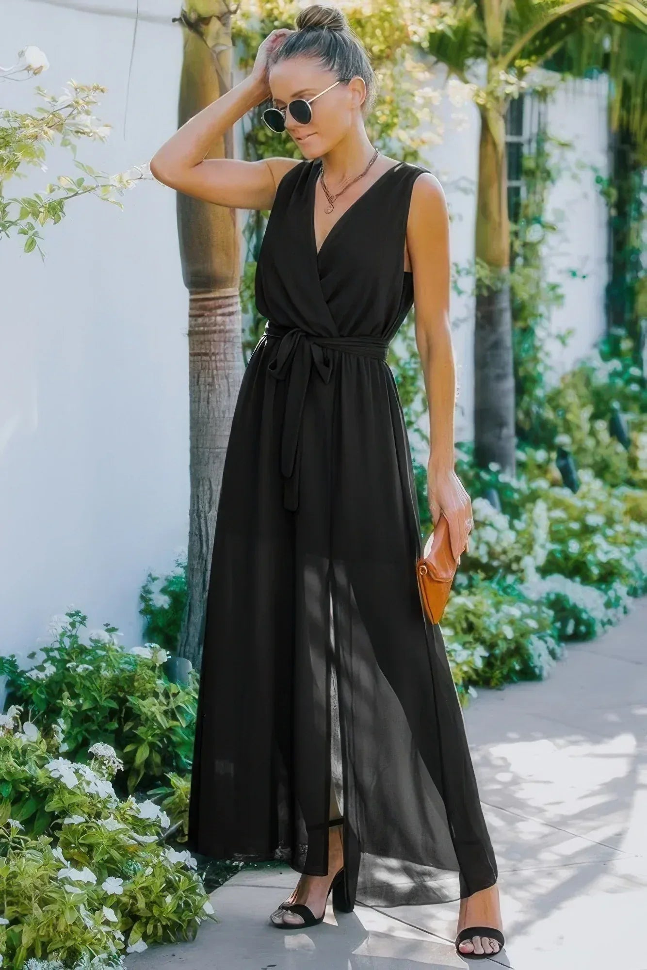 Solid Cross V Neck Sleeveless Tie Waist Split Dress | Mixtshop LLC