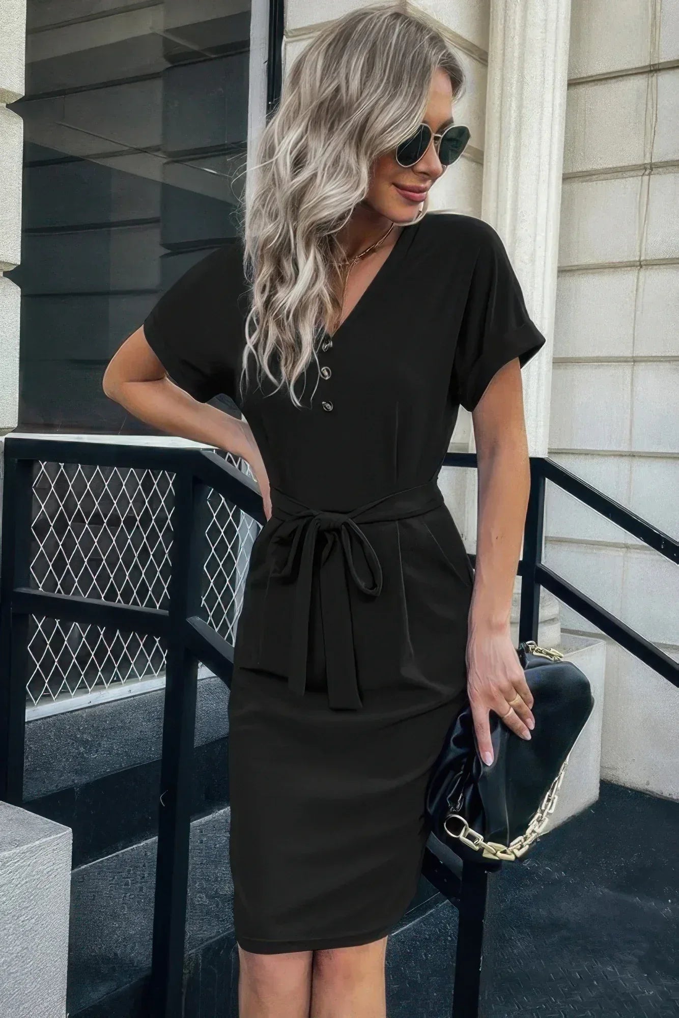 Solid Button Detail Cuffed Pocket Short Dress | Mixtshop LLC Main image